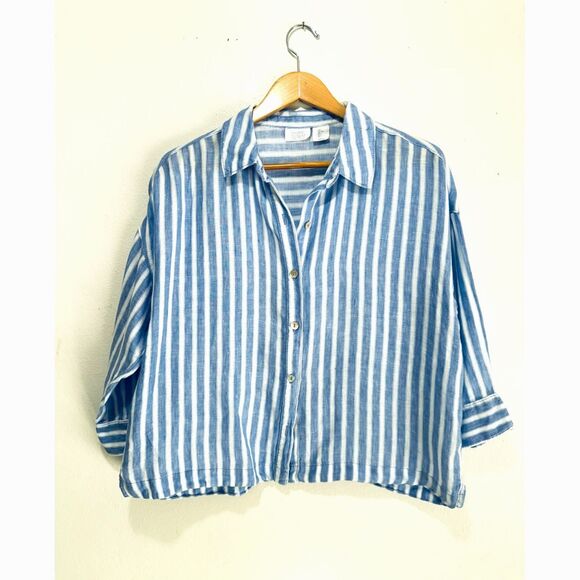 Sigrid Olsen Tops - Sigrid Olsen 100% linen crop button up shirt blue stripe coastal beach women L